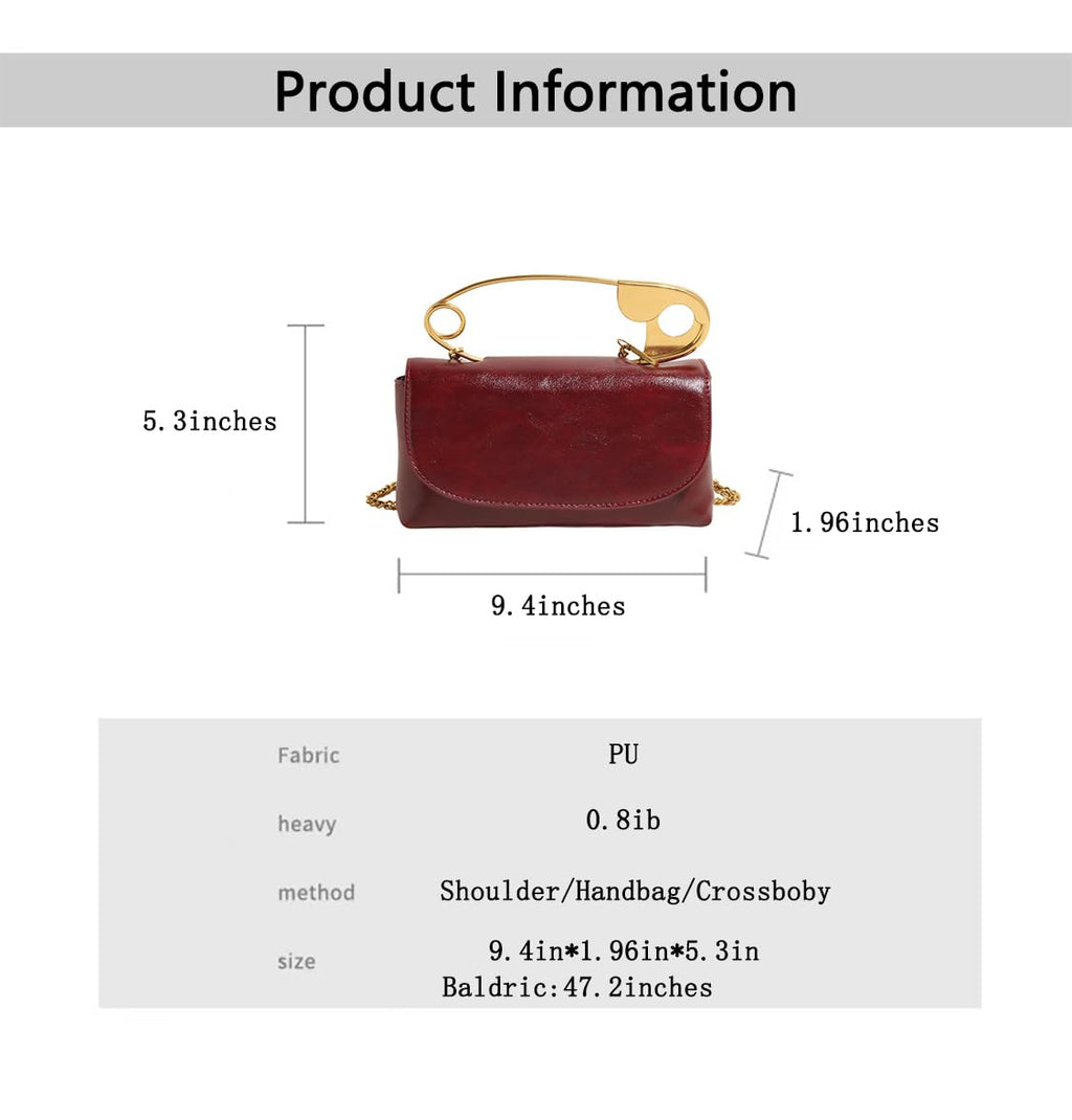 Women's Unique Safety Pin Crossbody Purse | Leather Clutch Bag Gold Handles Chain novelty clutch