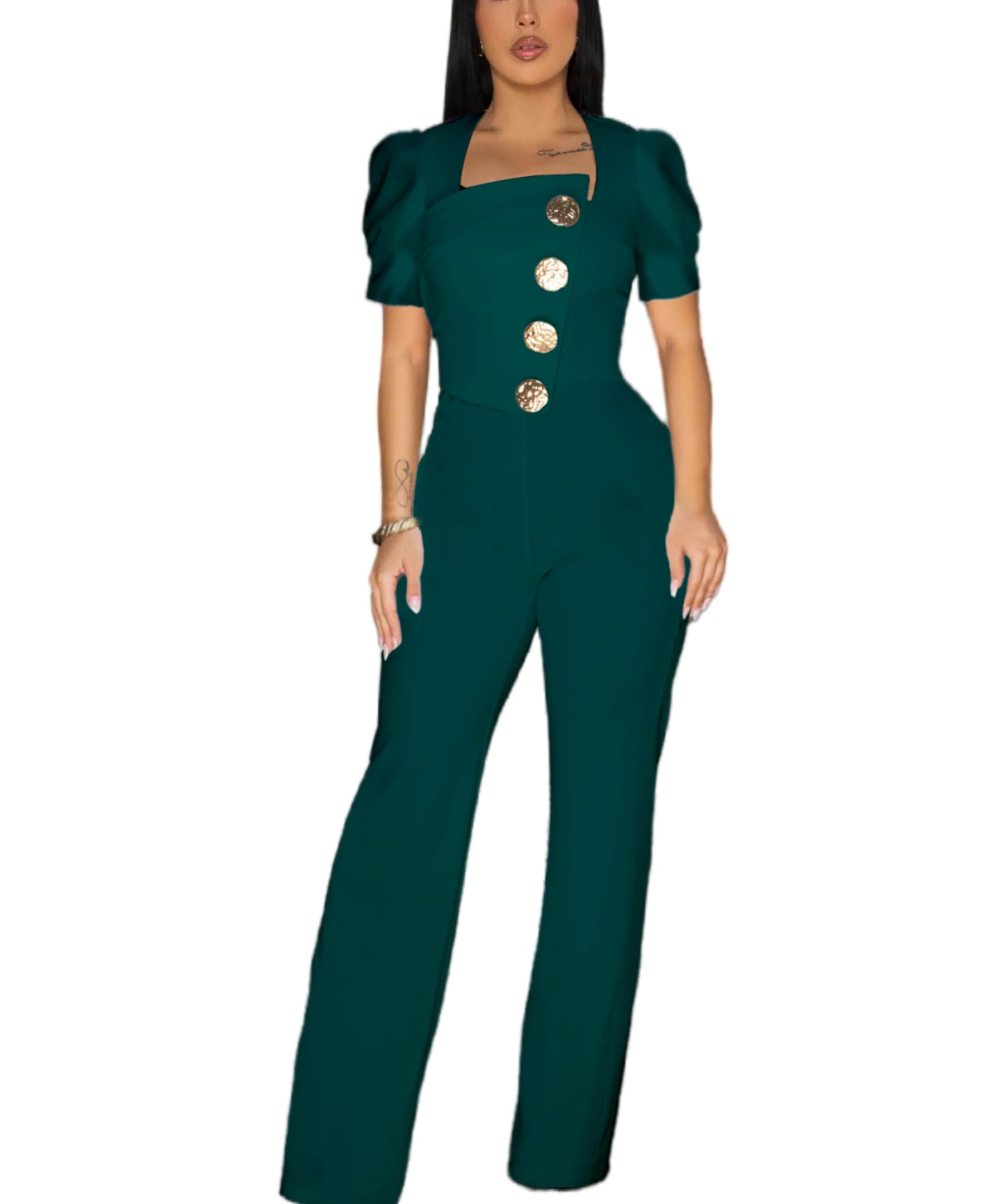 Women's fashionablesexyeleganthigh waistedwide leg pantsclub business party button jumpsuit