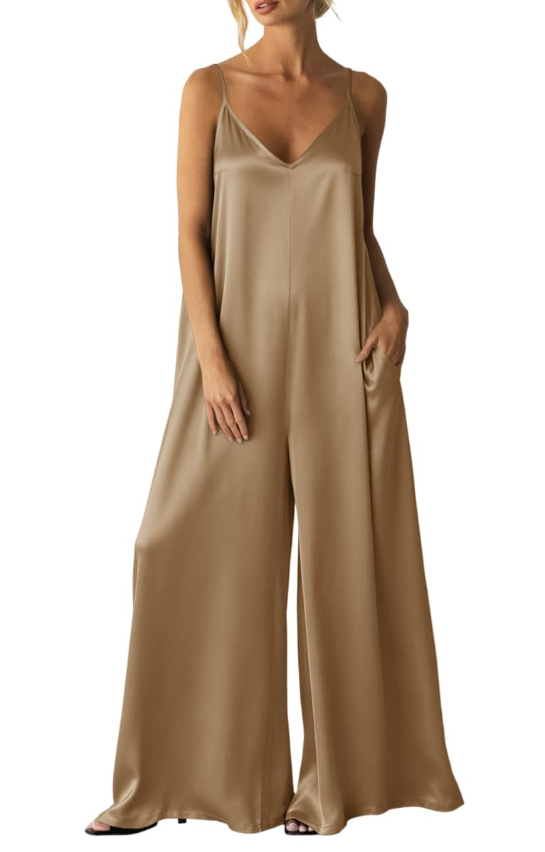 Womens Satin Wide Leg Jumpsuits Dressy Flowy Date Night Rompers Outfits | Silky Fabric,Casual Relaxed Fit,Formal,Wedding Guest,cocktail,Sexy V Neck,Spaghetti Strap,Summer,One Piece Outfit