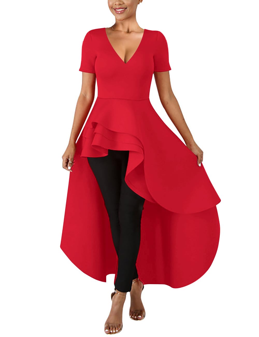 Lrady Womens V Neck Short Sleeve High Low Cocktail Party Dresses Peplum Tunic Tops Shirt Dress
