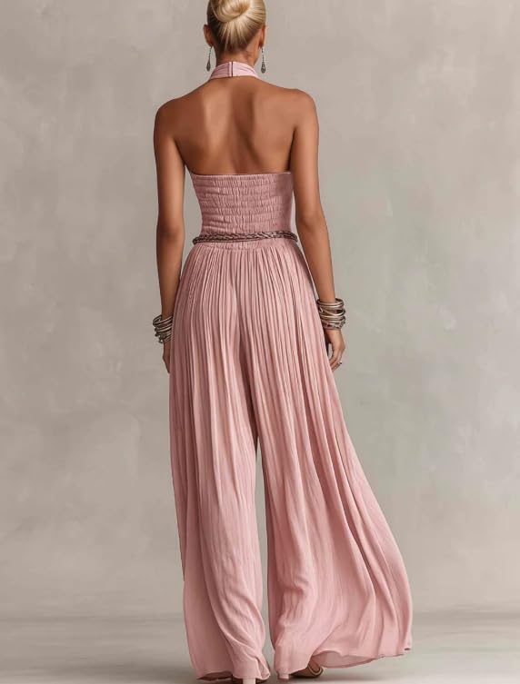 Wuitrie Women's Boho Halter Jumpsuit Pink Shirred Waist Wide Leg Pant Romper Vacation Party Outfits