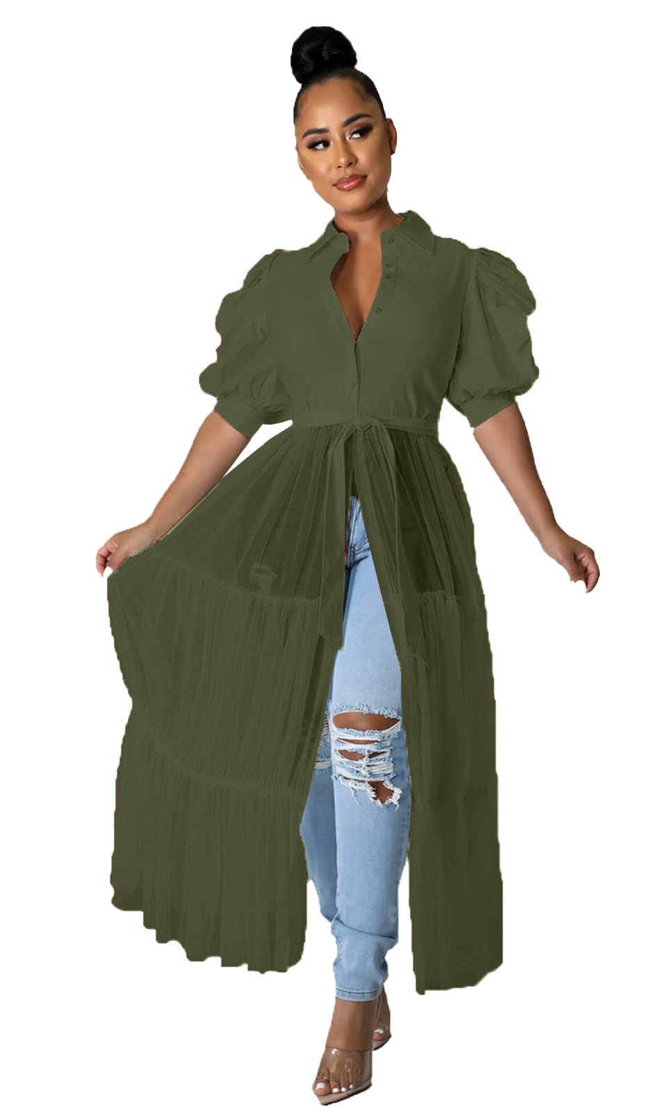 Ekaliy Women's Ruffle Blouse Shirt Asymmetrical Tunic Dress with Belt | Short sleeve,Bodycon,Ruffle,Club ,Party outfits,Asymmetrical Irregular Hem,Tops Blouse Shirt Dress