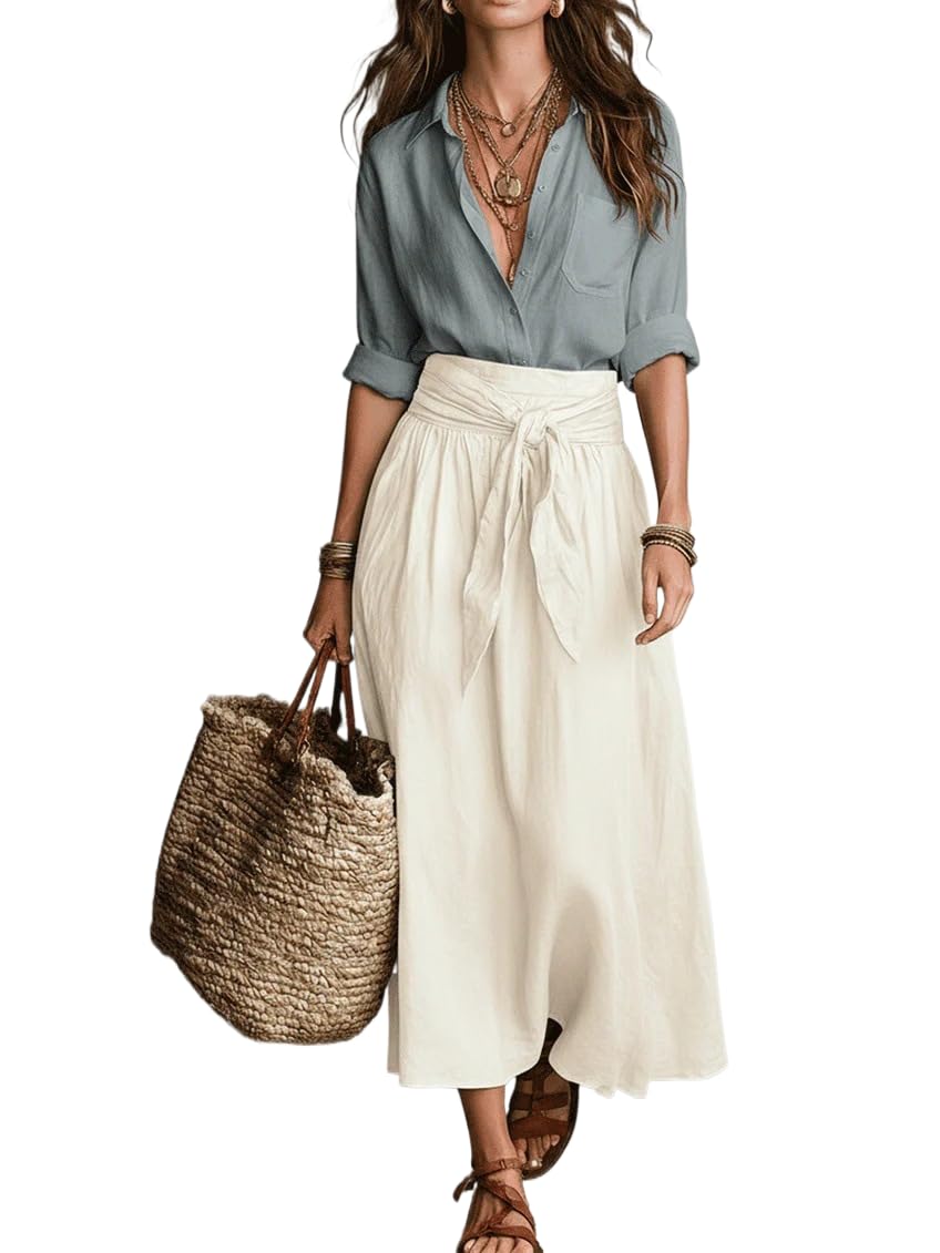 Women Boho Contrast 2 Piece Outfit, Long Sleeve Button Down Shirt & Tie Waist Flowy Midi Skirt Casual Vacation Set