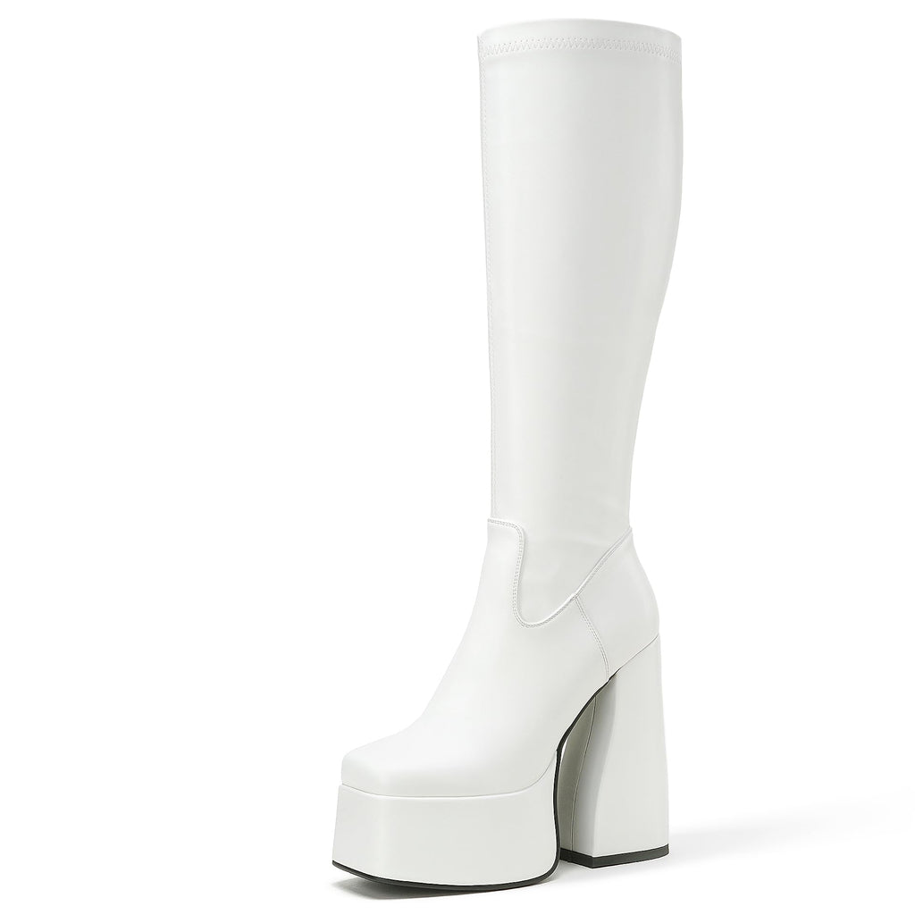 LanreyTaley Elastic Women Knee High Boots Platform Chunky Heel Tall Boots Suede Dress Boots Side Zipper Stretch Boots Fall