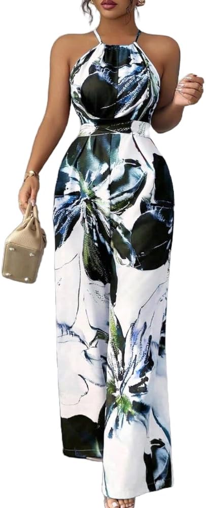 Lounge Print Jumpsuit For Women Sleeveless Halter Neck Wide Leg Pants One Piece Outfit Fashion Street Going Out Set