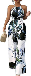 Lounge Print Jumpsuit For Women Sleeveless Halter Neck Wide Leg Pants One Piece Outfit Fashion Street Going Out Set