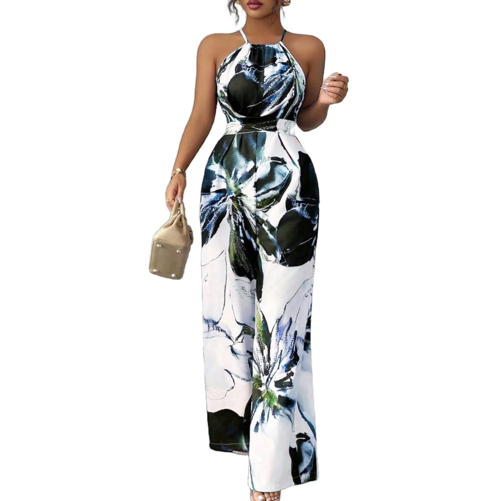 Lounge Print Jumpsuit For Women Sleeveless Halter Neck Wide Leg Pants One Piece Outfit Fashion Street Going Out Set