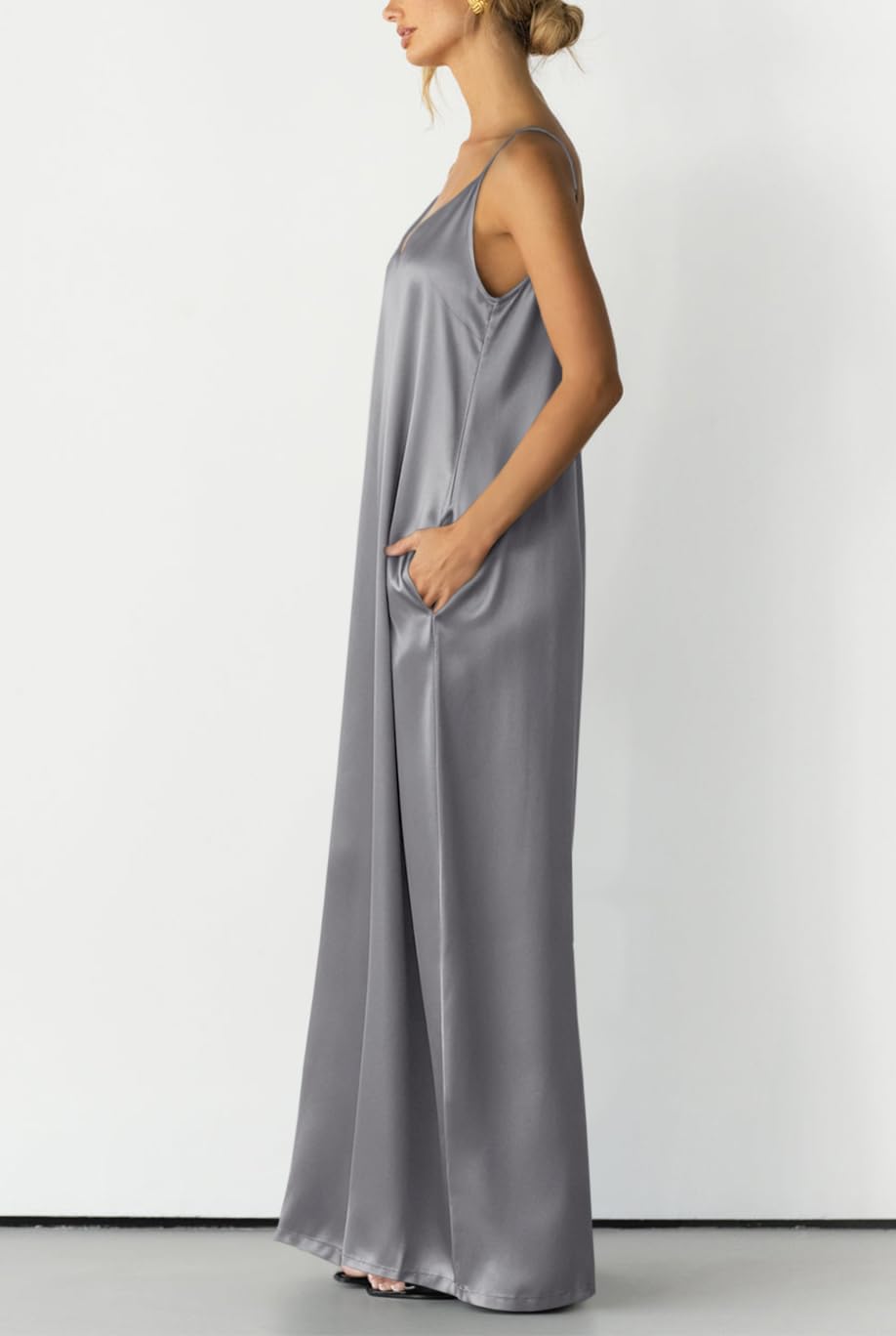 Womens Satin Wide Leg Jumpsuits Dressy Flowy Date Night Rompers Outfits | Silky Fabric,Casual Relaxed Fit,Formal,Wedding Guest,cocktail,Sexy V Neck,Spaghetti Strap,Summer,One Piece Outfit