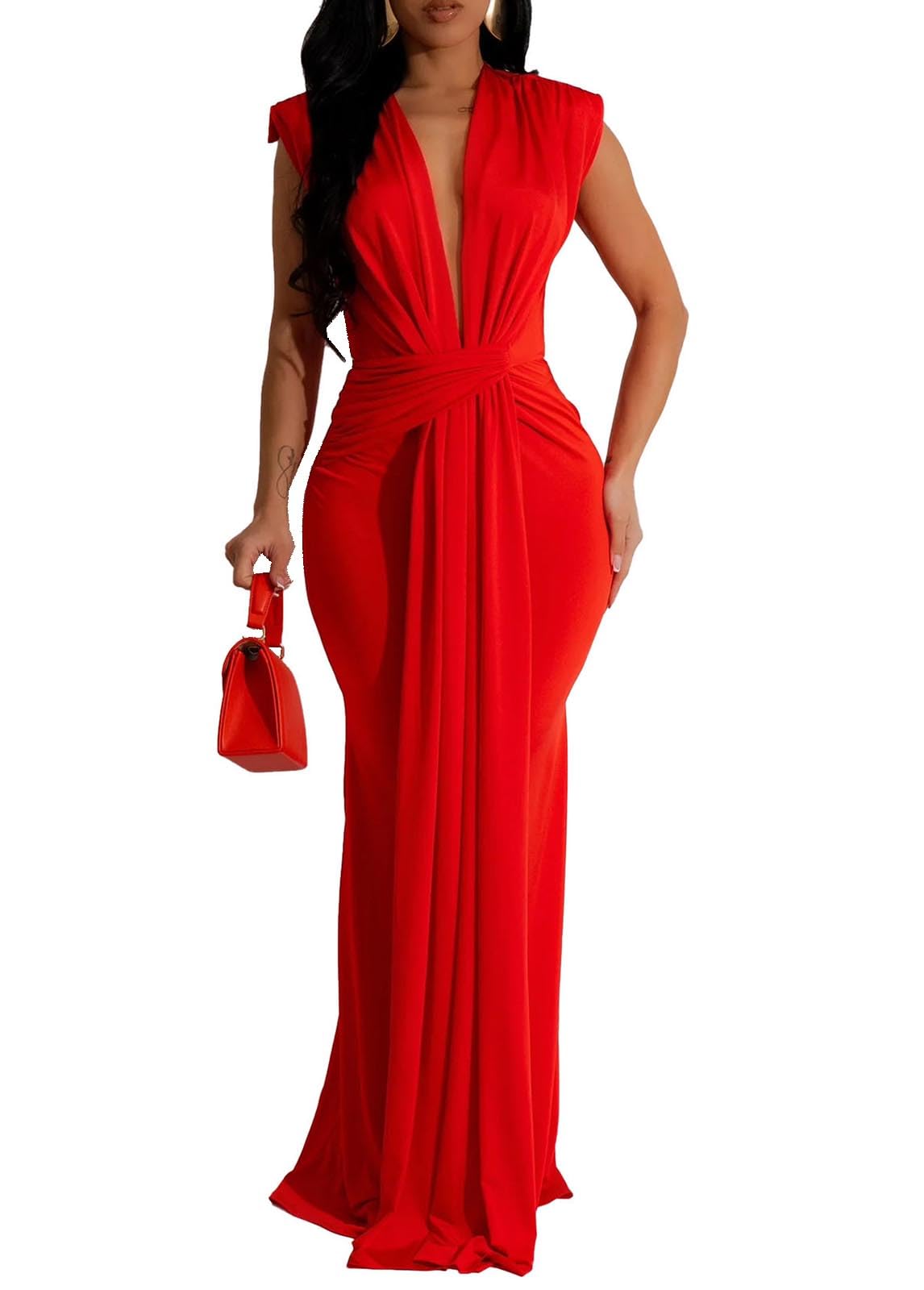 Yuopeid Women's Sexy Sleeveless Deep V Neck Fashion Ruched Bodycon Floor Length Formal Evening Party Maxi Long Dress