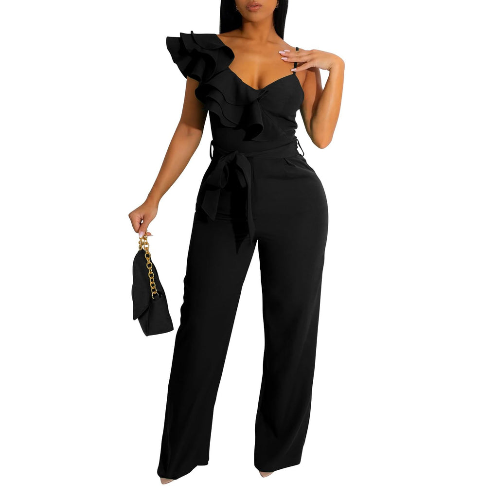 kaimimei Womens Casual Jumpsuits Ruffle One Shoulder Wide Leg Belted Romper | Designed with Pockets,Adjustable Strap,Sexy V-Neck Sleeveless,Backless,for Parties, Clubs,Wedding,Event,Outing