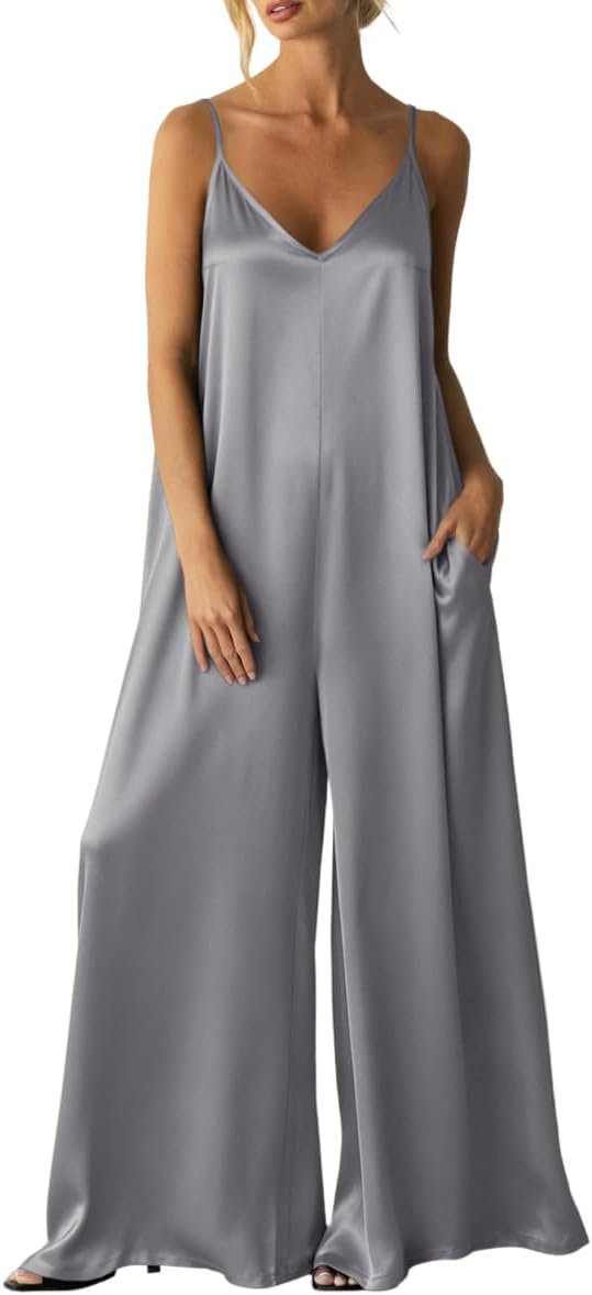 Womens Satin Wide Leg Jumpsuits Dressy Flowy Date Night Rompers Outfits | Silky Fabric,Casual Relaxed Fit,Formal,Wedding Guest,cocktail,Sexy V Neck,Spaghetti Strap,Summer,One Piece Outfit