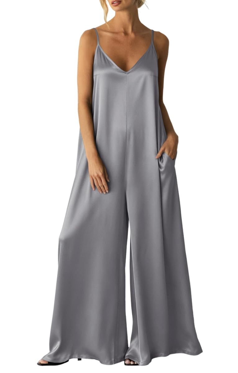 Womens Satin Wide Leg Jumpsuits Dressy Flowy Date Night Rompers Outfits | Silky Fabric,Casual Relaxed Fit,Formal,Wedding Guest,cocktail,Sexy V Neck,Spaghetti Strap,Summer,One Piece Outfit