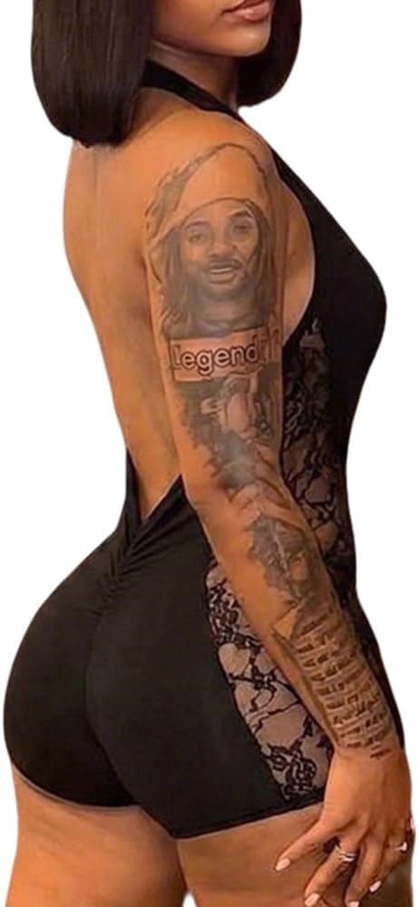 Women Mesh Halter Neck Bodysuit Romper Deep V Backless Lace Side Short Jumpsuit Sexy Outfits For Night Party