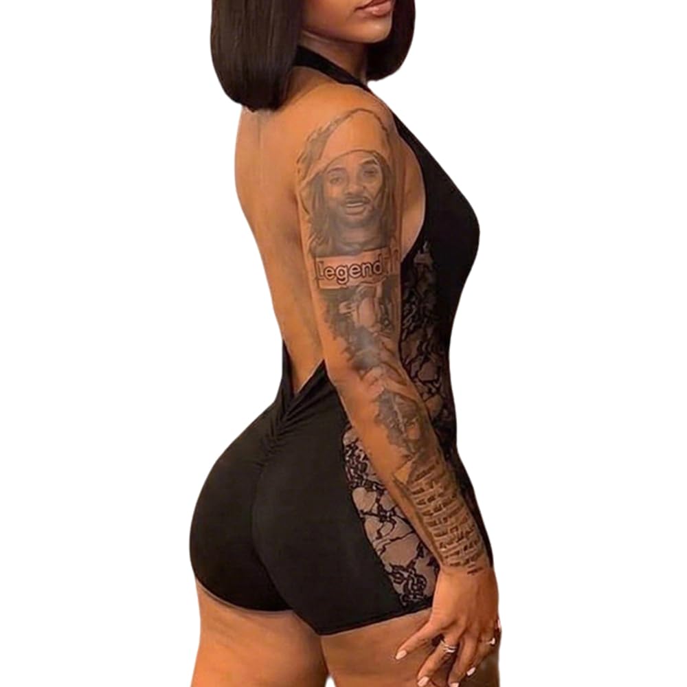 Women Mesh Halter Neck Bodysuit Romper Deep V Backless Lace Side Short Jumpsuit Sexy Outfits For Night Party