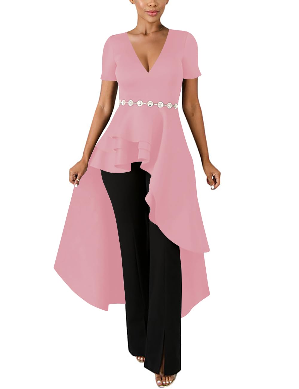 Lrady Womens V Neck Short Sleeve High Low Cocktail Party Dresses Peplum Tunic Tops Shirt Dress