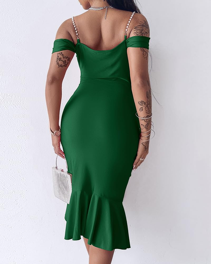 CHICME Womens Cocktail Dresses Pearls Strap Bodycon Midi Dress | Off Shoulder Design, Ruffle Hem Style, Soft Stretch Fabric, Birthday Party Wear, Wedding Guest Outfit, Date Night Look
