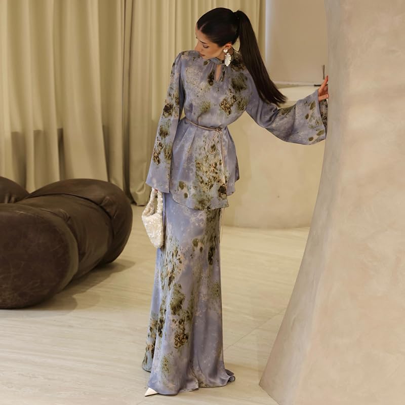 THLAI Womens Elegant Two Piece Abstract Print Long Sleeve Blouse & Maxi Skirt Set Party Outfit