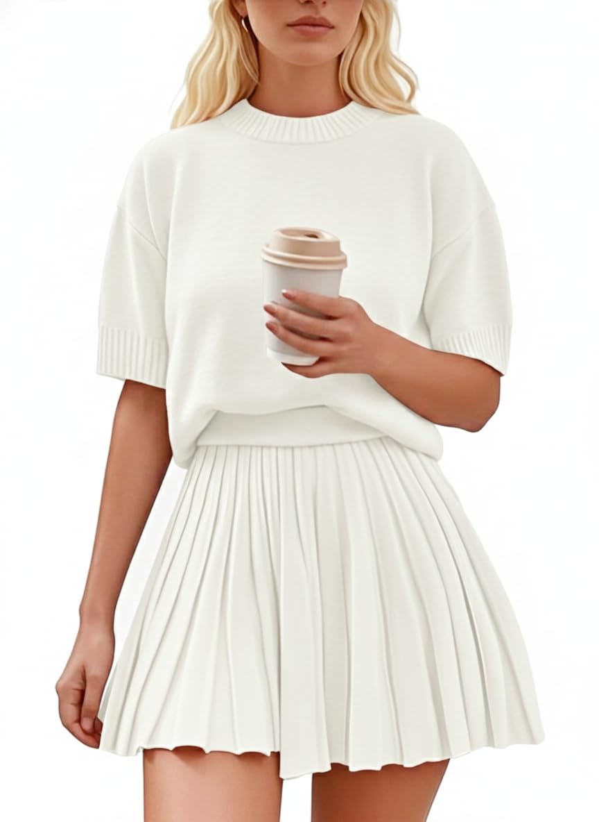 Womens 2 Piece Outfits 2026 Short Sleeve Crewneck Knit Tops And Pleated Mini Skirt Two Piece Sets