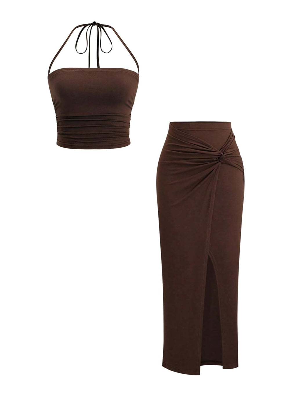 Verdusa Women's 2 Piece Set Summer Vacation Outfits Going Out Matching Set | Ruched Crop Halter Top, Asymmetrical Slit Long Skirt, Two Piece Skirt Set for Women, Summer Sets