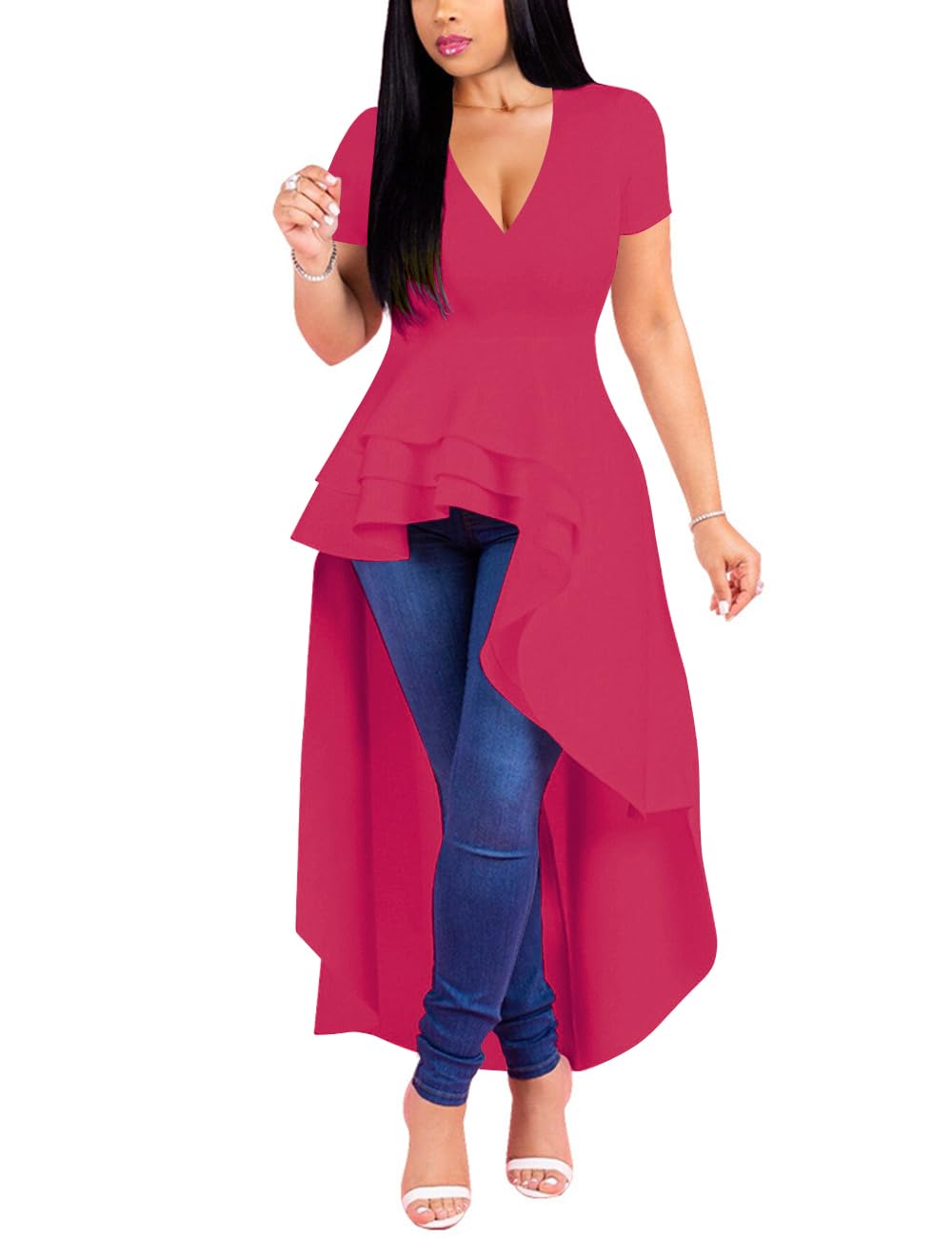 Lrady Womens V Neck Short Sleeve High Low Cocktail Party Dresses Peplum Tunic Tops Shirt Dress