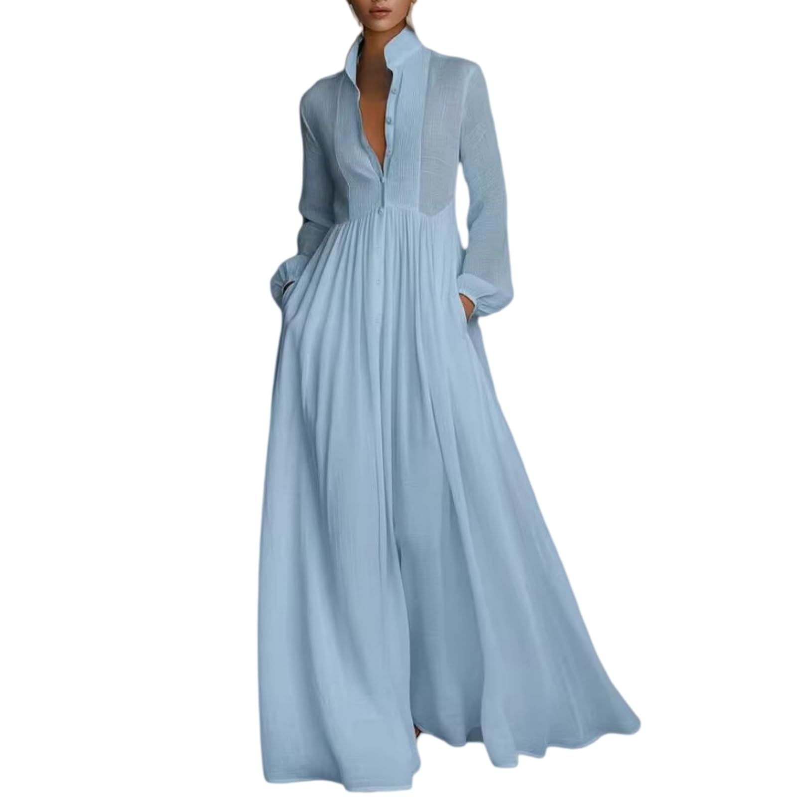 Women Maxi Dress Stand Collar Button Front Pocket Beach Vacation Casual | Flowy maxi dress stand collar, button front, functional pockets, long lantern sleeves, A-line skirt, beach vacation daily