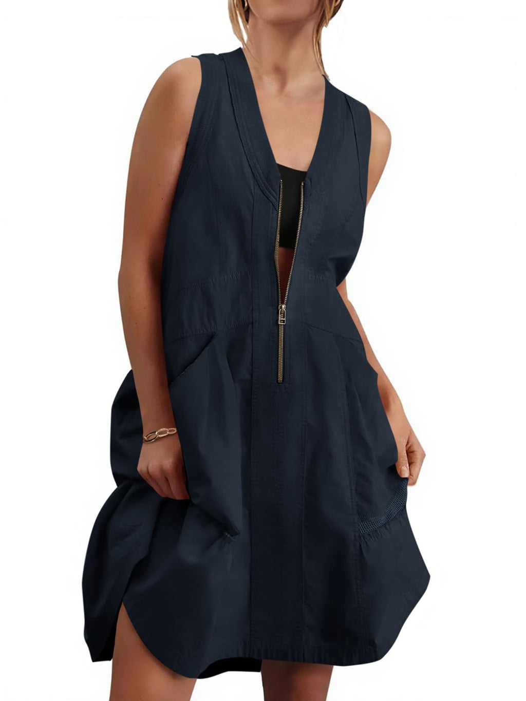 Fisoew Women's Sleeveless Tank Half Zip V Neck Mesh Back Mini Dresses | Casual, Loose Fit, Utility, Summer, With Pockets