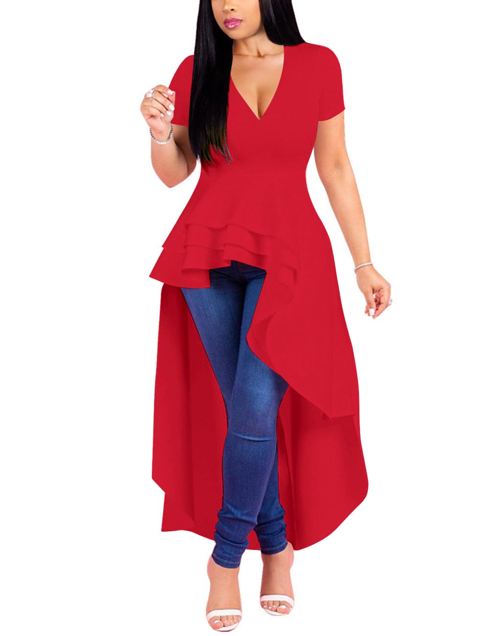 Lrady Womens V Neck Short Sleeve High Low Cocktail Party Dresses Peplum Tunic Tops Shirt Dress