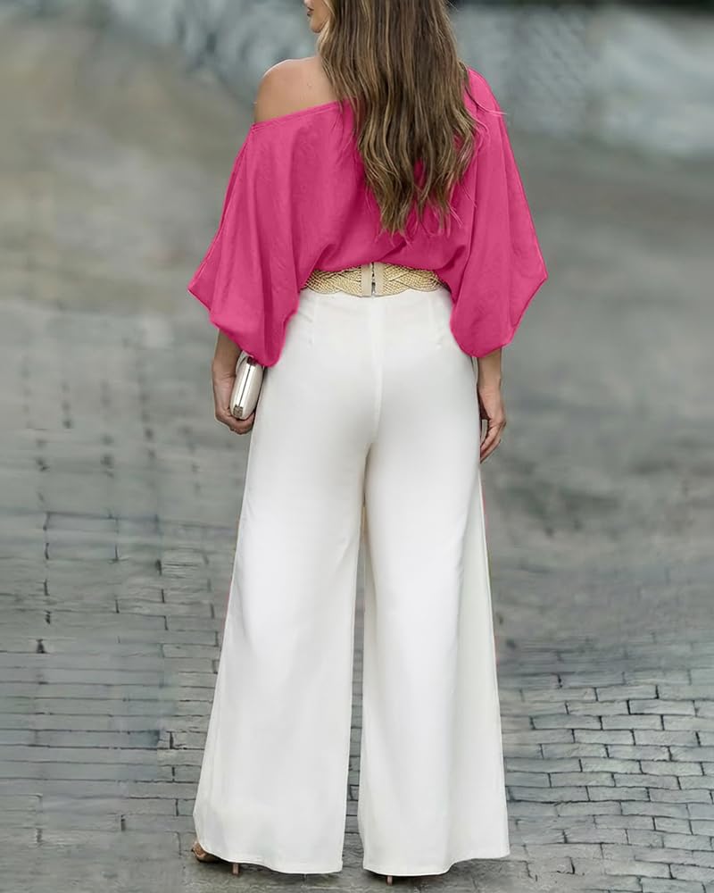 CHICME Women 2 Piece Summer Outfit Off Shoulder Flowy Wide Leg Pants Set | Off Shoulder, Lantern Sleeve Matching Set, 2 Piece Sets for Women Dressy, Vacation Travel Airport Outfits