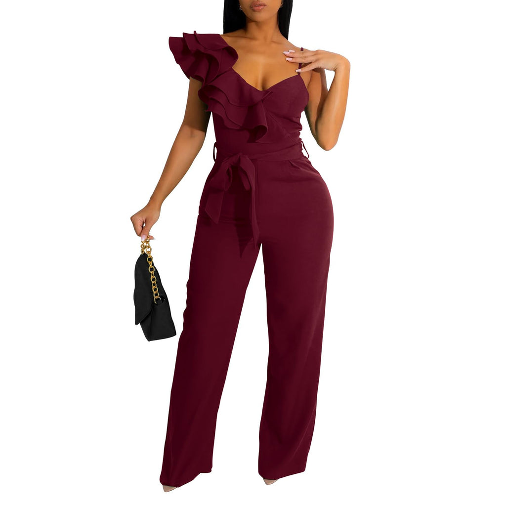 kaimimei Womens Casual Jumpsuits Ruffle One Shoulder Wide Leg Belted Romper | Designed with Pockets,Adjustable Strap,Sexy V-Neck Sleeveless,Backless,for Parties, Clubs,Wedding,Event,Outing