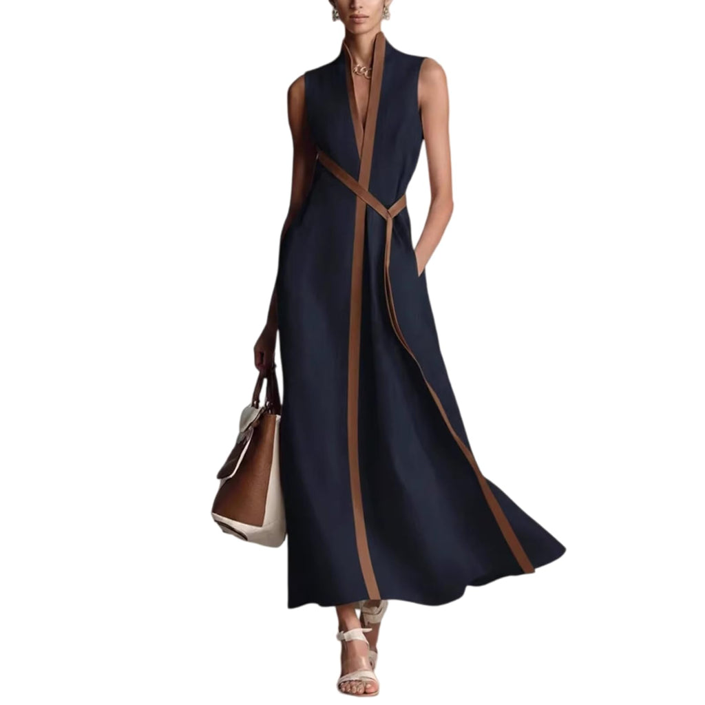 Women's Stand Up Collar Sleeveless Casual Loose Cotton and Linen Color Block Dress Casual Loose Beach Vacation Summer Dress