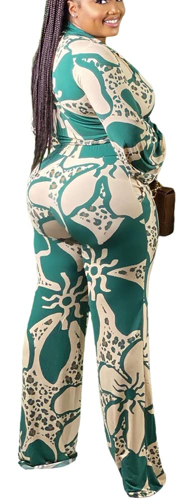 2 Piece Outfits for Women Sexy V Neck Print Shirts Tie Knot Batwing Blouses Crop Top Wide Leg Pants Set
