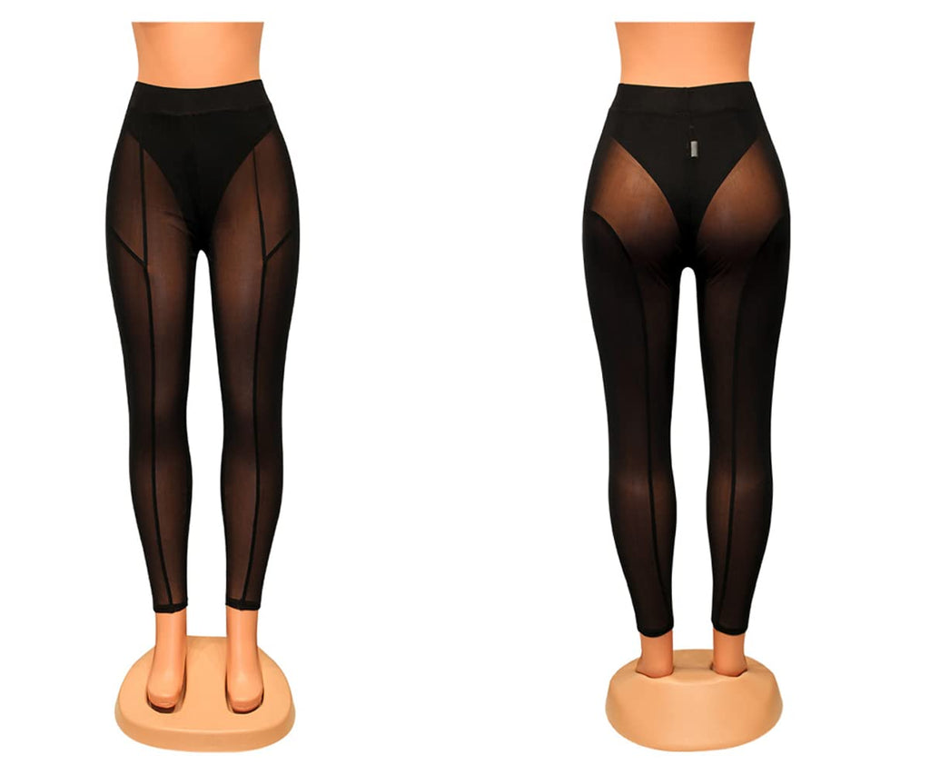 Women's Sexy See Through Sheer Mesh Pants Leggings High Waist Casual Sweatpants Tights