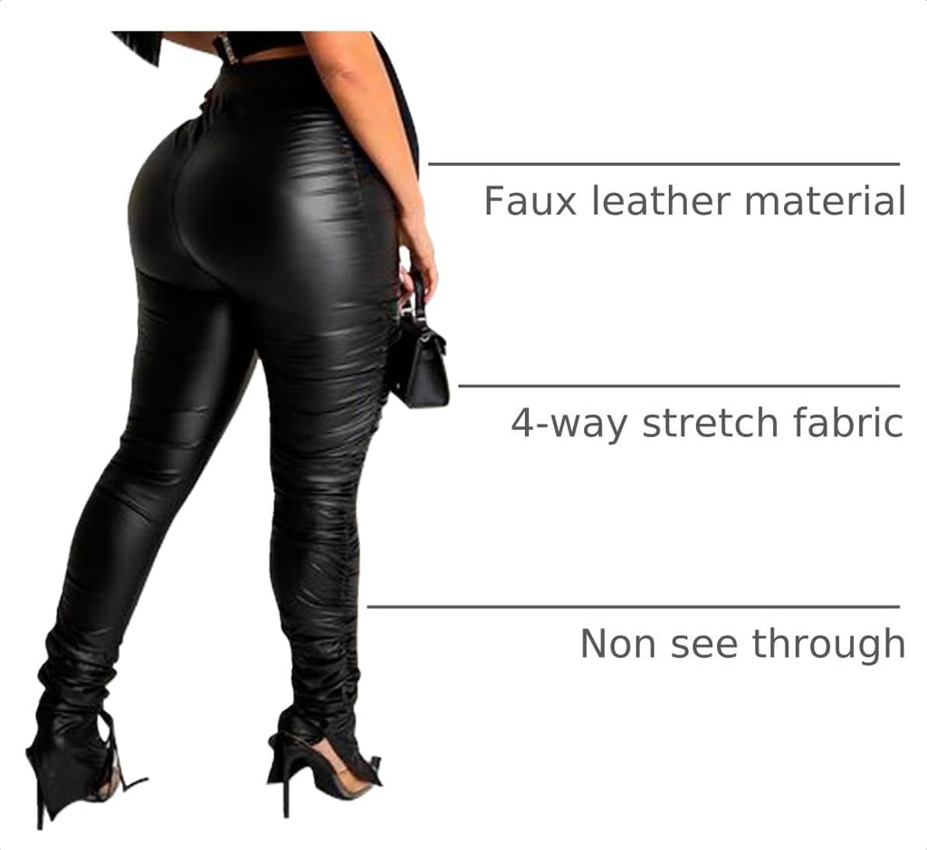 Women's Faux Leather Leggings Pants High Waisted Leather Tight Stacked Pants with Splits