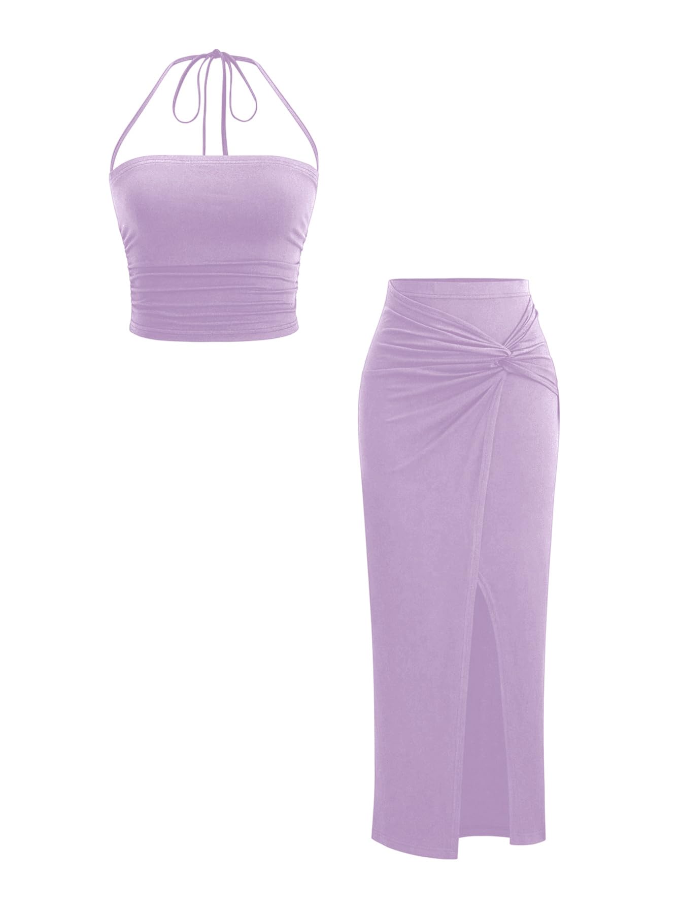 Verdusa Women's 2 Piece Set Summer Vacation Outfits Going Out Matching Set | Ruched Crop Halter Top, Asymmetrical Slit Long Skirt, Two Piece Skirt Set for Women, Summer Sets