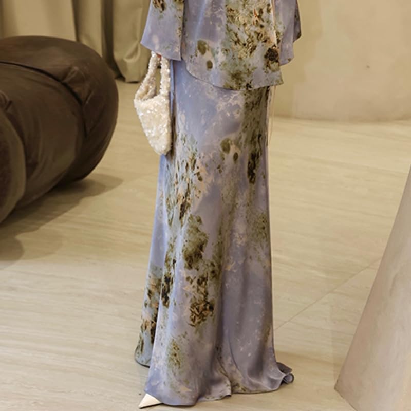 THLAI Womens Elegant Two Piece Abstract Print Long Sleeve Blouse & Maxi Skirt Set Party Outfit