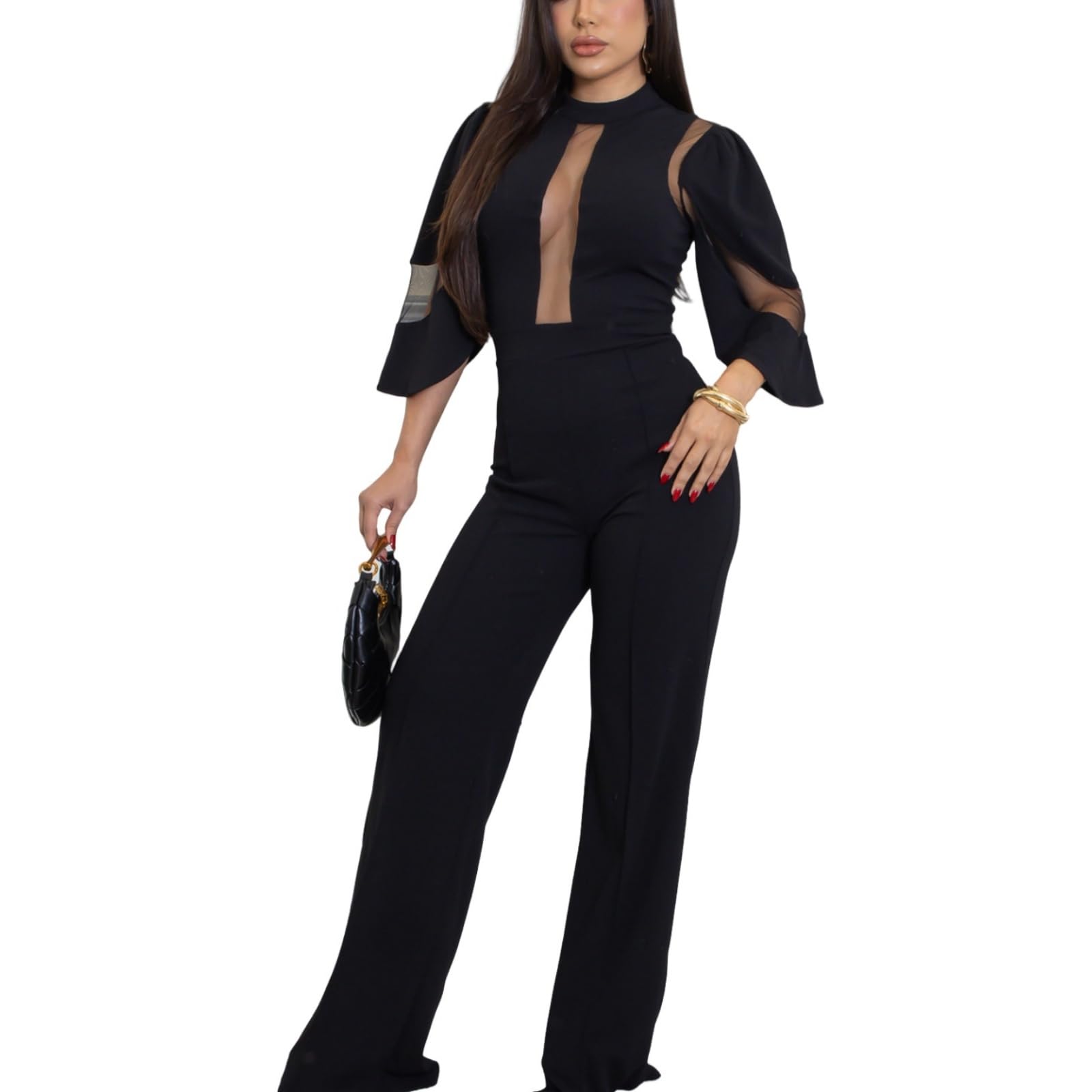 Women's fashionablesexyeleganthigh waistedwide leg pantsclub business party button jumpsuit