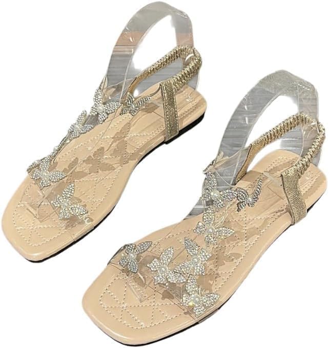 Women's Butterfly Rhinestone Flat Sandals Glitter Sparkly Bling Strappy Open Toe Elegant Transparent Elastic Strap Gladiator Sandals for Dressy Summer Wedding Bridal Prom Travel Daily Wear