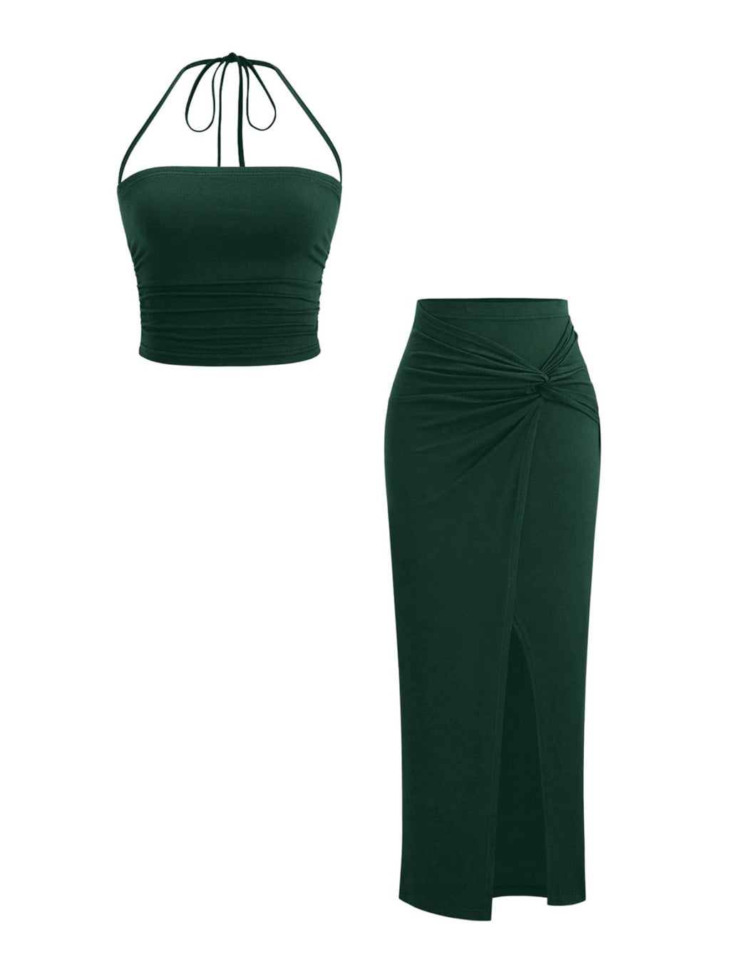 Verdusa Women's 2 Piece Set Summer Vacation Outfits Going Out Matching Set | Ruched Crop Halter Top, Asymmetrical Slit Long Skirt, Two Piece Skirt Set for Women, Summer Sets