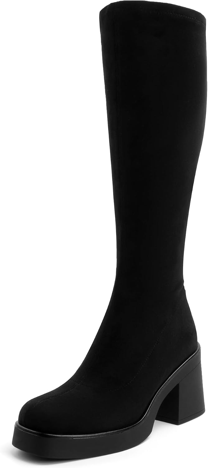 AprCoco Knee High Boots for Women GoGo Boots Platform Square Toe Womens Chunky Heel Side Zipper Boot
