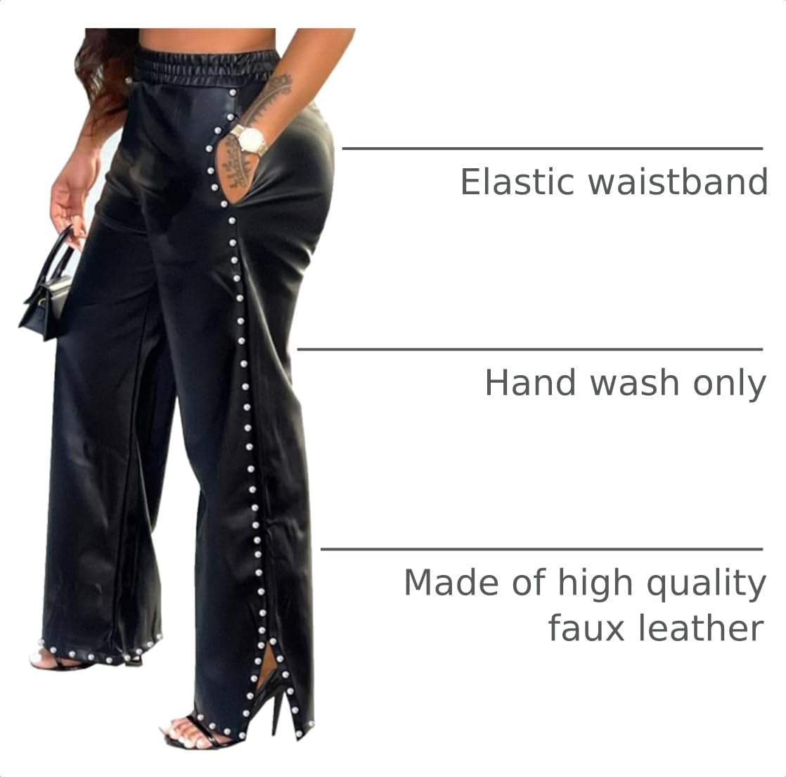 Women's Wide Leg Faux Leather Pants Rivets Pearls Elastic Waist Beggy Trousers with Pockets