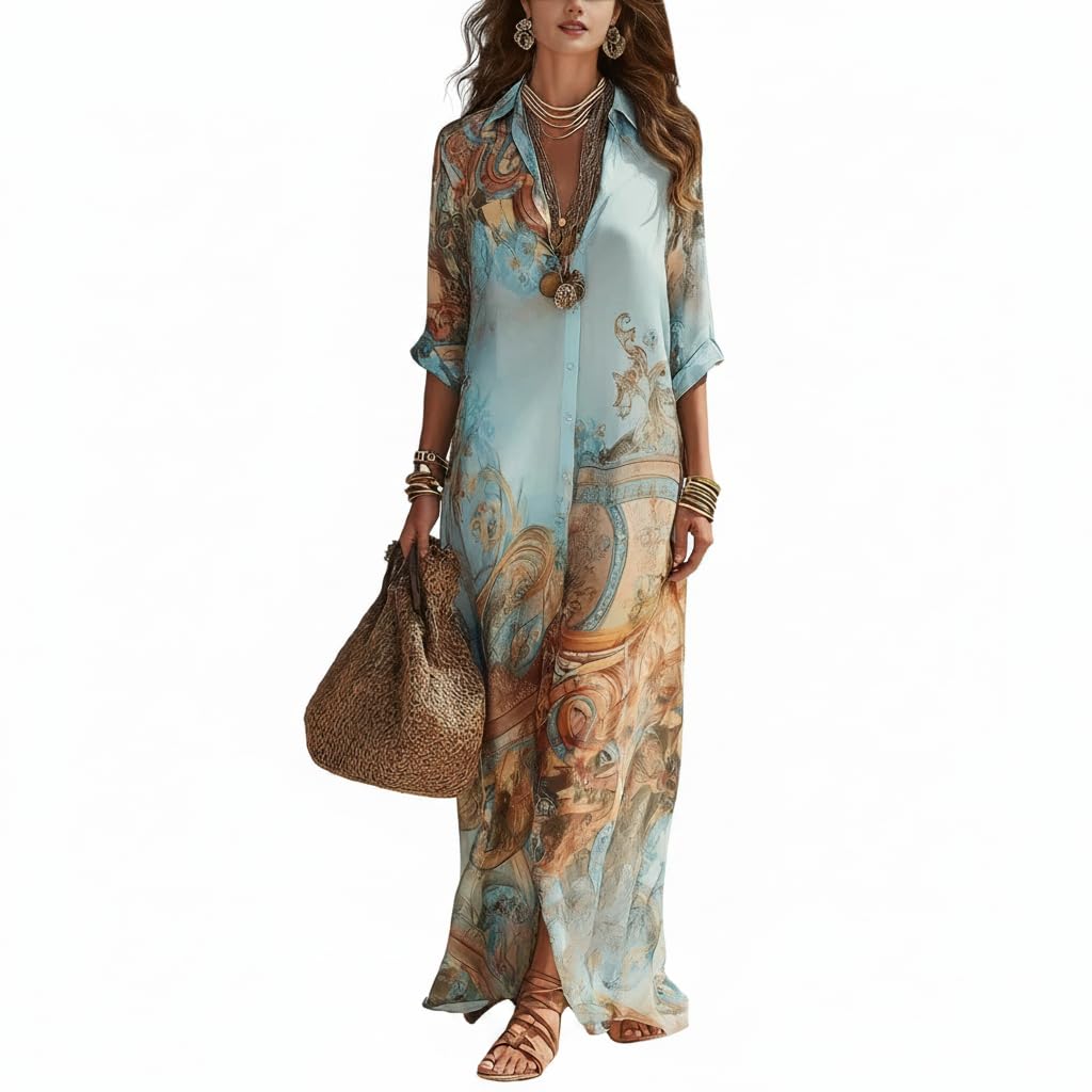 Women's Baroque Print Maxi Shirt Dress V Neck 3/4 Sleeve Button Down Flowy Casual Loose Boho Long Dress