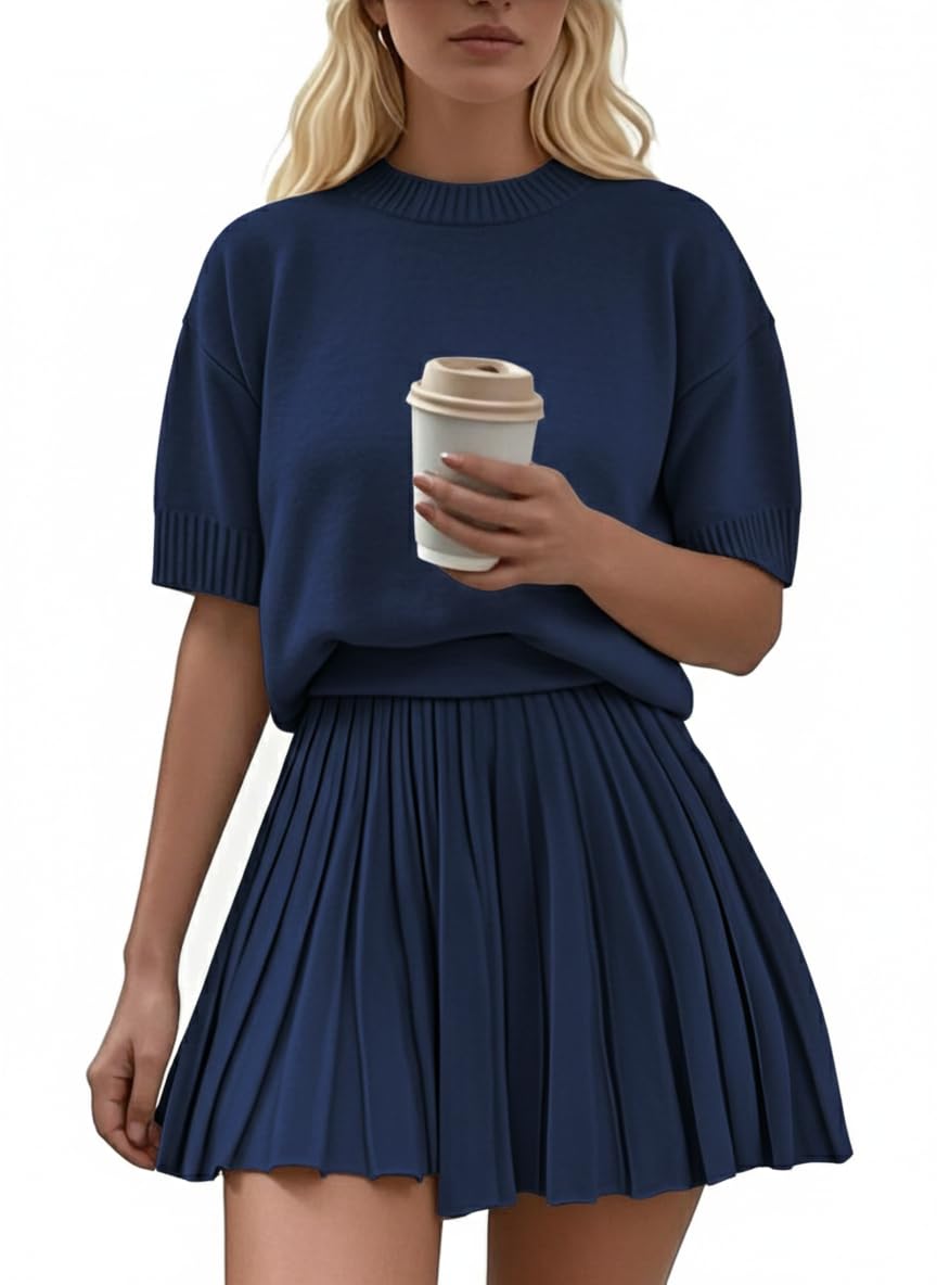 Womens 2 Piece Outfits 2026 Short Sleeve Crewneck Knit Tops And Pleated Mini Skirt Two Piece Sets