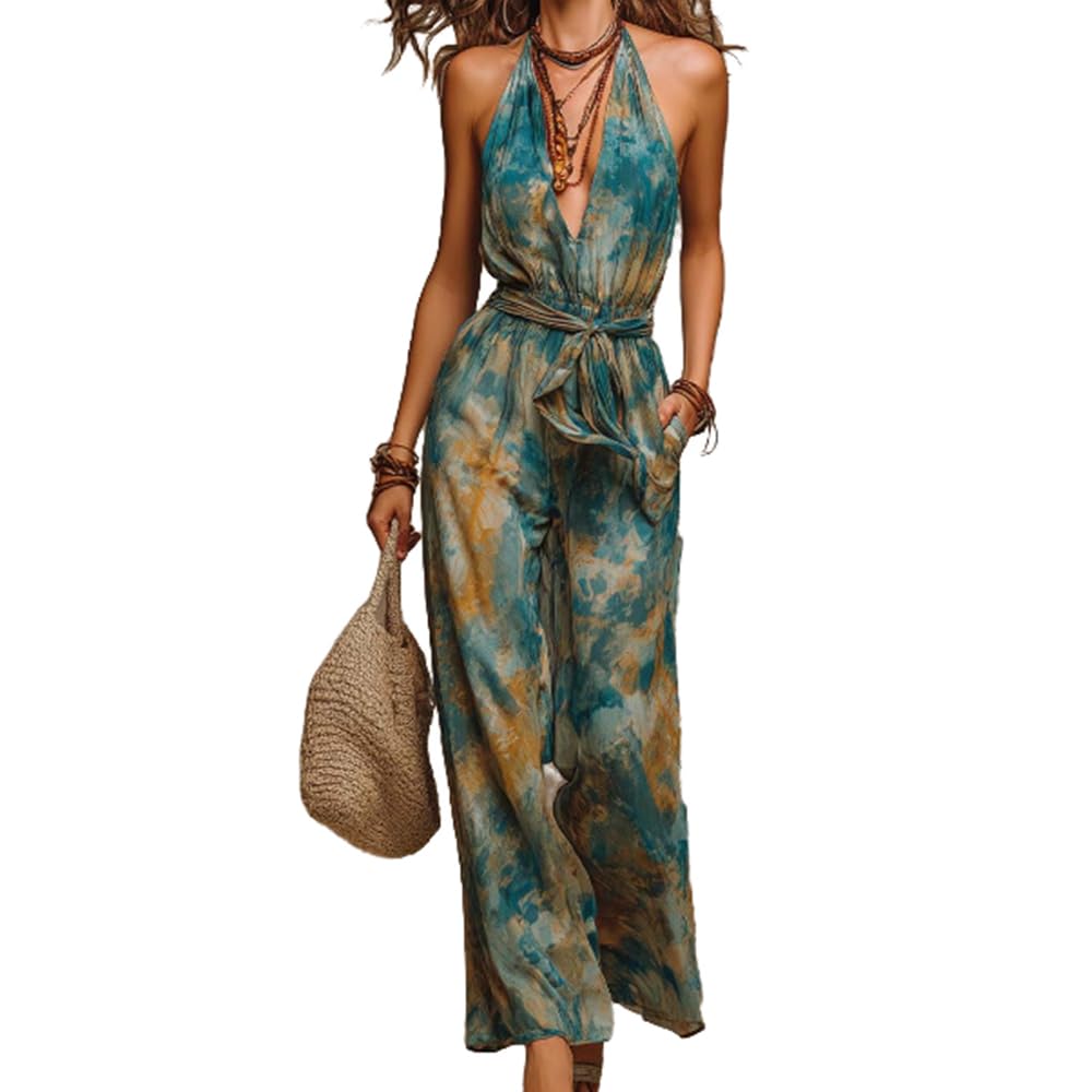 Women's Sexy Sleeveless Jumpsuit Print Halter Jumpsuit Wide Leg Pants Jumpsuit One Piece Club Jumpsuit with Belts