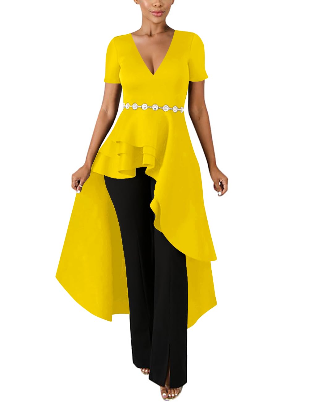 Lrady Womens V Neck Short Sleeve High Low Cocktail Party Dresses Peplum Tunic Tops Shirt Dress