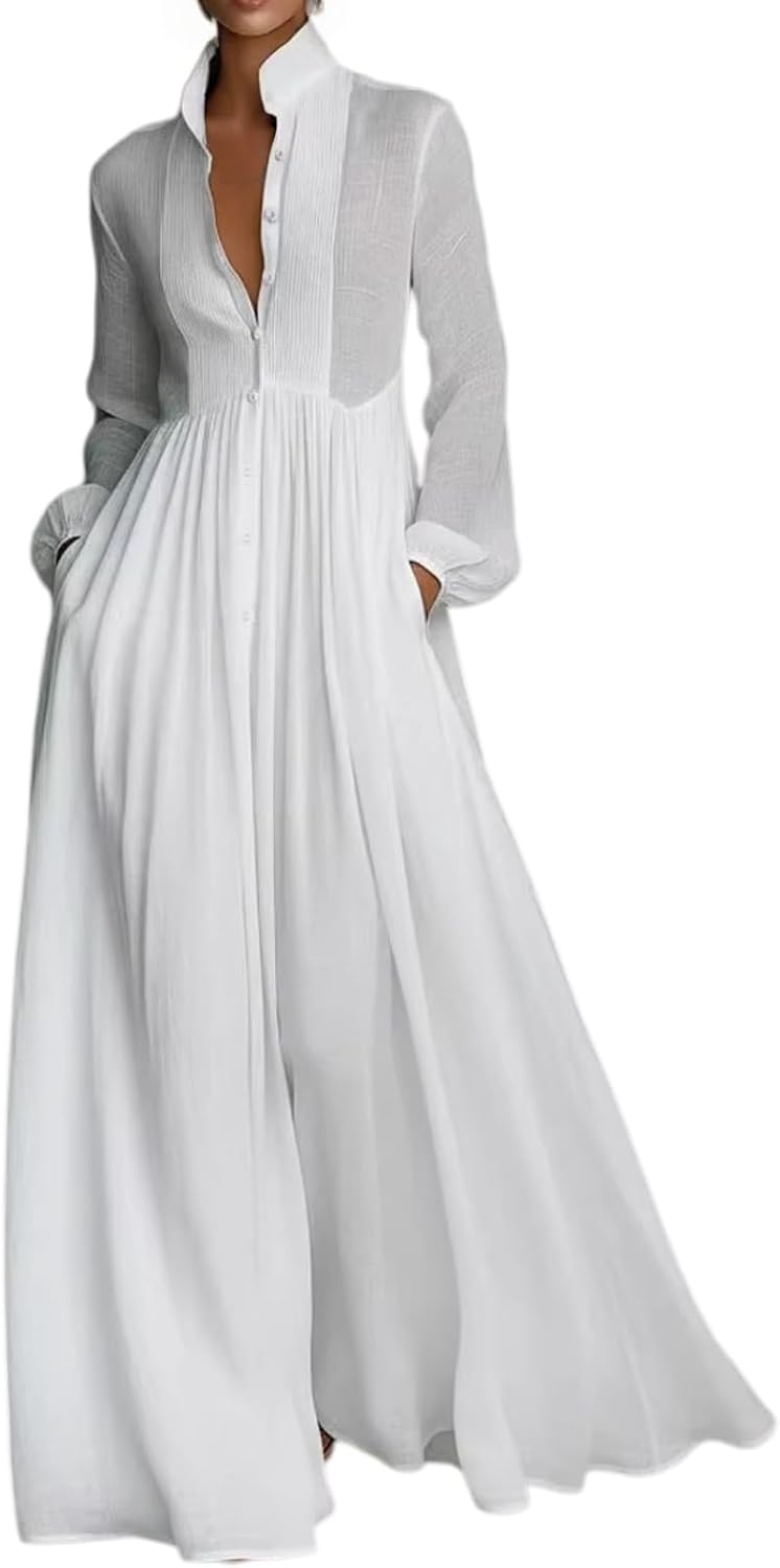 Women Maxi Dress Stand Collar Button Front Pocket Beach Vacation Casual | Flowy maxi dress stand collar, button front, functional pockets, long lantern sleeves, A-line skirt, beach vacation daily
