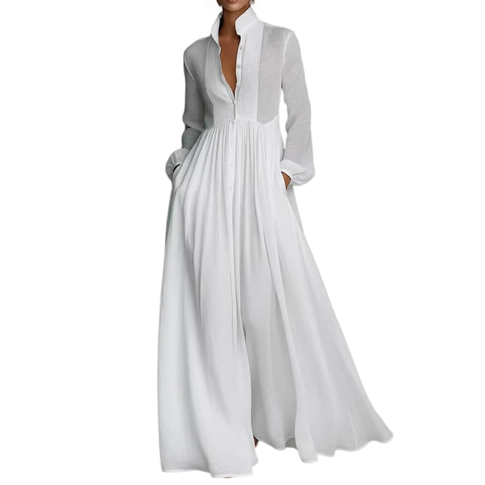 Women Maxi Dress Stand Collar Button Front Pocket Beach Vacation Casual | Flowy maxi dress stand collar, button front, functional pockets, long lantern sleeves, A-line skirt, beach vacation daily