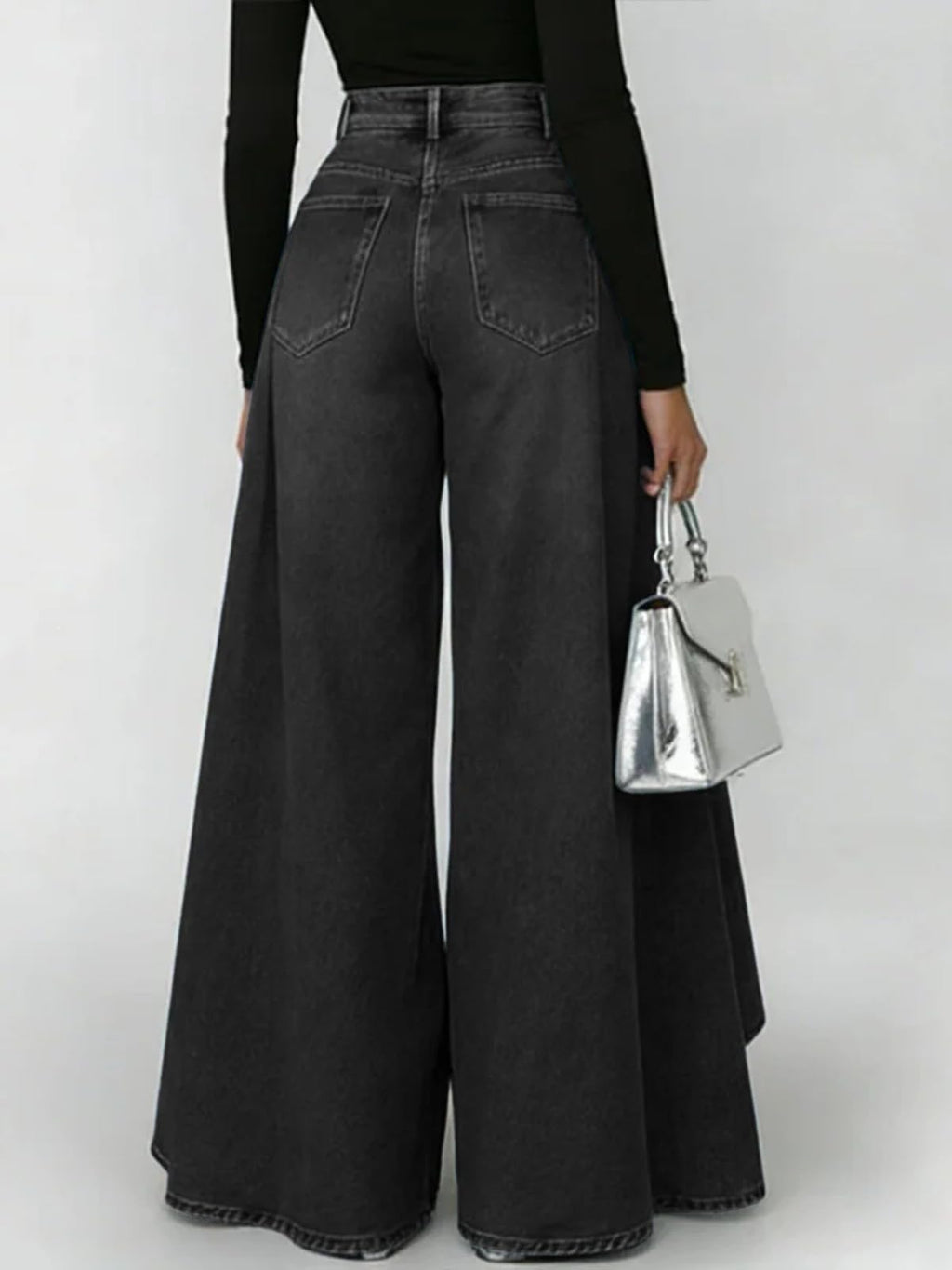 Women's Flowy Jeans with Skirt Overlay Baggy High Waisted Wide Leg Denim Pants Pleated Jeans Streetwear