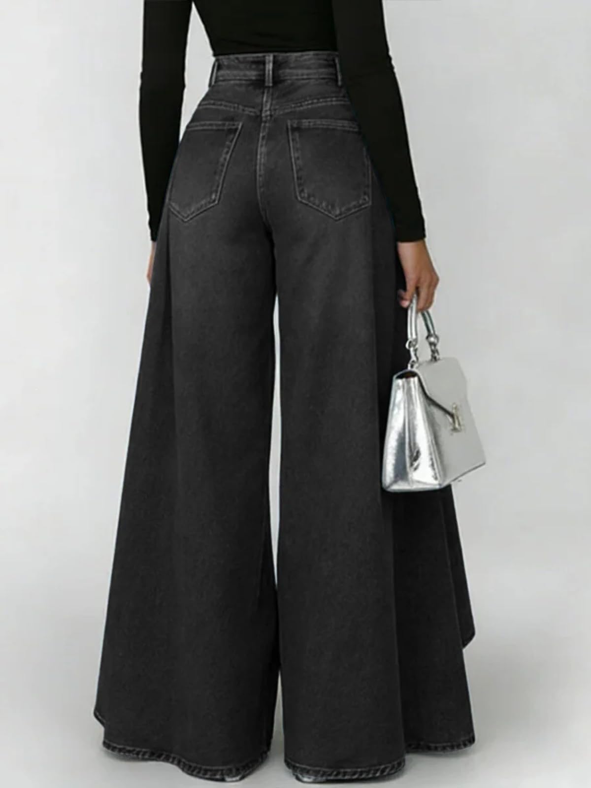 Women's Flowy Jeans with Skirt Overlay Baggy High Waisted Wide Leg Denim Pants Pleated Jeans Streetwear