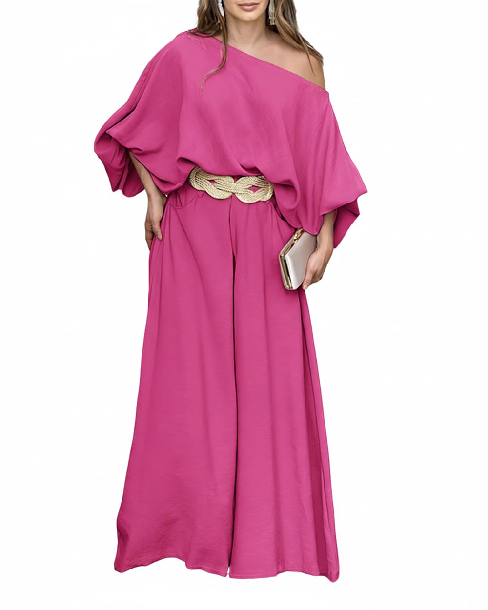 CHICME Women 2 Piece Summer Outfit Off Shoulder Flowy Wide Leg Pants Set | Off Shoulder, Lantern Sleeve Matching Set, 2 Piece Sets for Women Dressy, Vacation Travel Airport Outfits