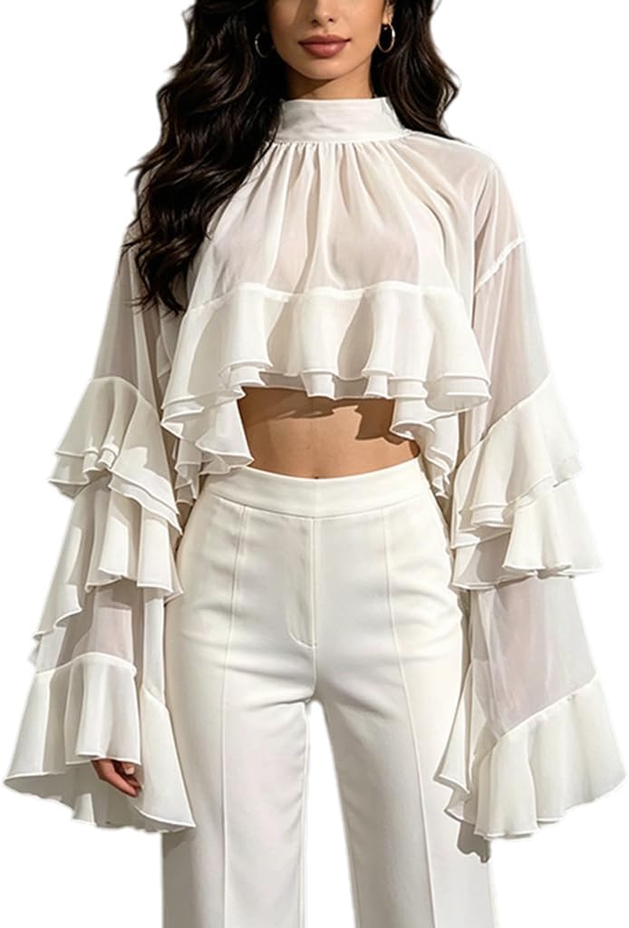 Women's White Sheer Chiffon Crop Top High Neck Layered Ruffle Flare Sleeve Blouse Elegant Casual Party Tops